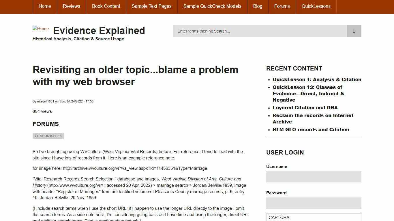 Revisiting an older topic...blame a problem with my web browser | Evidence Explained