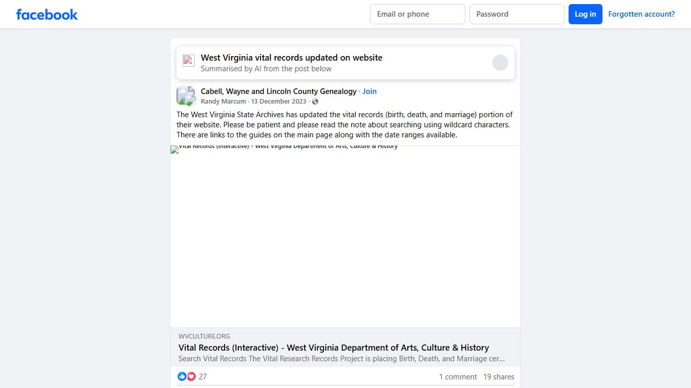 Cabell, Wayne and Lincoln County Genealogy | The West Virginia State Archives has updated the vital records (birth, death, and marriage) portion of their website | Facebook